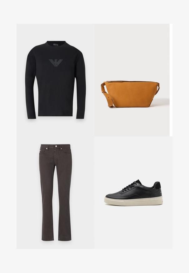 Must pikkade varrukatega ümar kaelusega särk, mille rinna keskel on peen tumehall Emporio Armani kotka logo.; Mustad mustadest denimist valmistatud flared-tehnikaga teksad. Omavad viit taskut, vöölõikeid ja metallist detaile. Sile tekstuur kerge venitamisega.; Must musta sisenemine mustast nahast, millel on kreemjas värvi kummitald, ümmargune nina ja paeltega disain, mida kaunistab must nubukist konts.; Helepruun nahast ristiaskott reguleeritava sangaga ja tõmblukuga sulgumisega, kujutatud ühevärvilise heleda tausta ees.