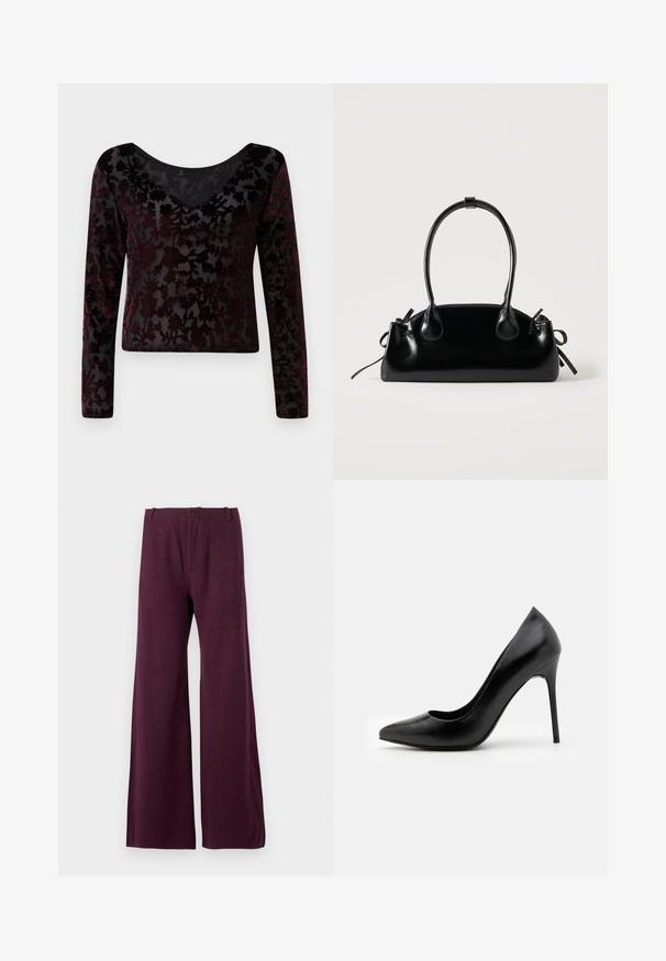 Bordeaux lange mouwen top gemaakt van doorschijnende stof met een bloemenvelours patroon, voorzien van een V-hals en een cropped zoom. Soepele textuur en slim-fit vorm.; Bordeauxkleurige wijde broek gemaakt van een lichtgewicht stof. Voorzien van een sluiting met een voorste knoop en rits, met een gladde, gelijkmatige textuur.; Zwarte leren high heel pump met een spitse neus en een gladde textuur. Kenmerkt zich door een slanke stilettohak en een laag uitgesneden vamp ontwerp.; Kleine zwarte glanzende handtas met twee lange hengsels en zijkant trekkoord details op een effen lichte achtergrond.