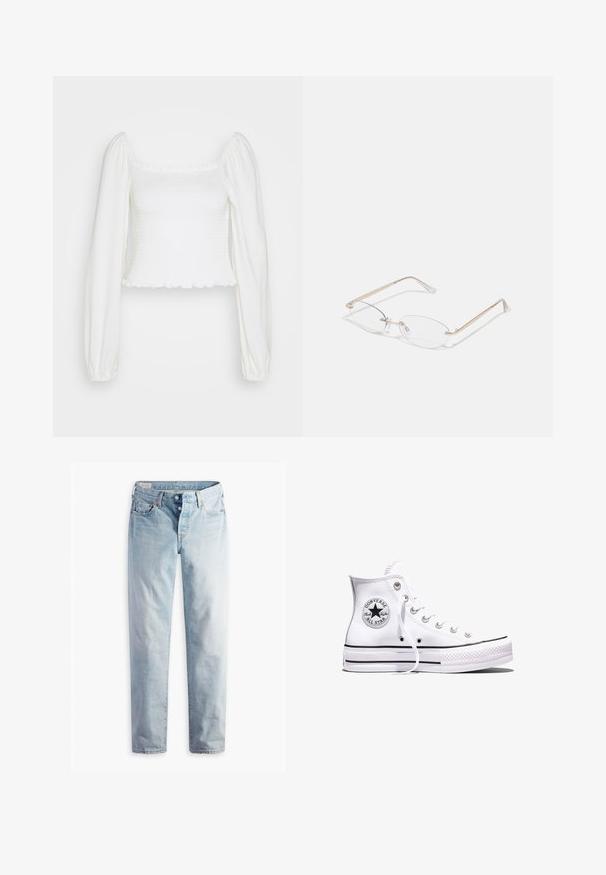 GAP SMOCKED CROP - Camiseta de manga larga - new off white; Jeans de mezclilla azul claro con diseño de pierna recta, cinco bolsillos y cierres de botones metálicos en una pretina estándar.; Zapatilla Converse Chuck Taylor All Star blanca de caña alta con rayas negras y parche de logo en el lateral, mostrada sobre un fondo blanco liso.; Gafas de metal dorado con lentes ovalados, brazos delgados y almohadillas nasales transparentes. Presentan sutiles acentos en las bisagras y lentes transparentes.