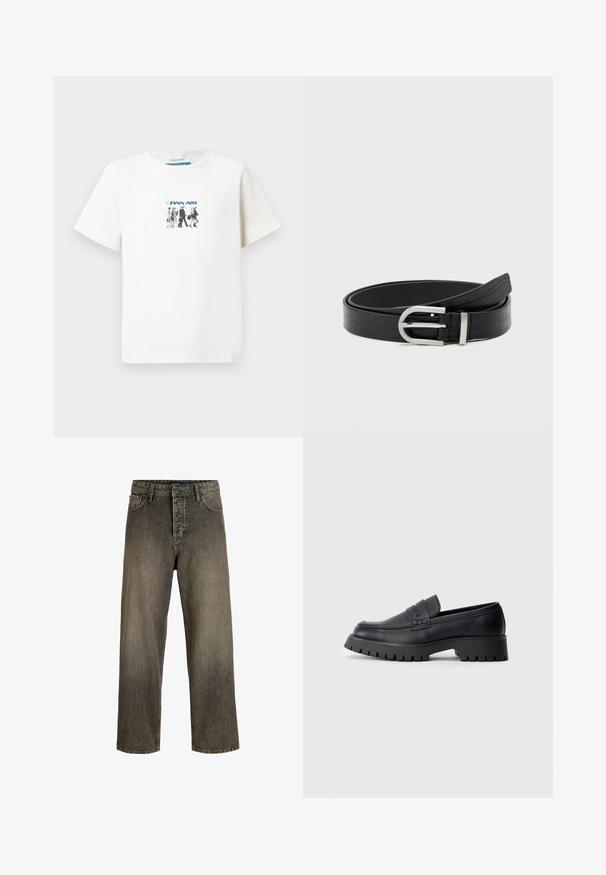 Weißes T-Shirt mit kurzen Ärmeln, das eine kleine Grafik von fünf gehenden Flugbegleitern der Pan Am und das Pan Am-Logo in Blau zeigt.; Dunkelgraue weit geschnittene Jeans mit einem verwaschenen Finish, Fünf-Taschen-Design, Knopfverschluss und Gürtelschlaufen. Hergestellt aus strapazierfähigem Denim-Stoff.; Schwarze Leder-Loafer mit abgerundeter Schuhspitze, ausgestattet mit einem dekorativen Riemen und einer robusten Gummisohle mit tiefem Profil für besseren Halt.; Schwarzer Kunstledergürtel mit Krokodilstruktur und einer silbernen runden Schnalle, aufgewickelt auf einem schlichten weißen Hintergrund.