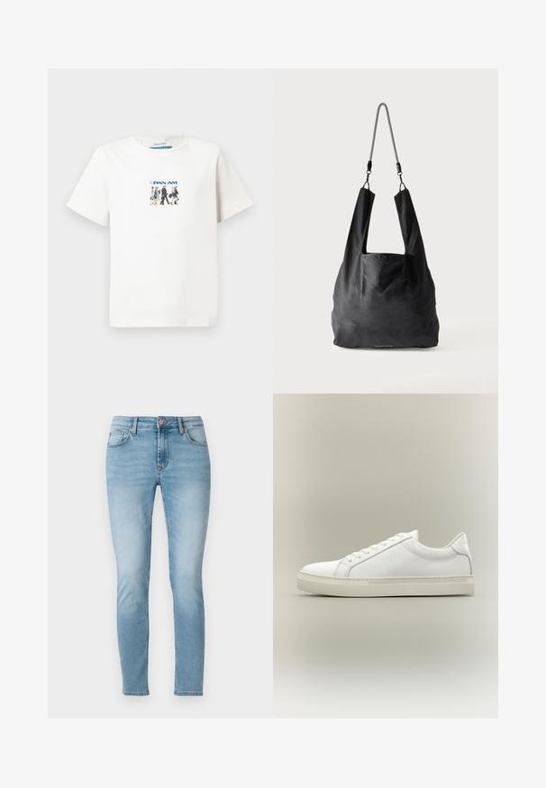 Hvid kortærmet t-shirt med et lille grafik af fem gående Pan Am kabinepersonale og Pan Am-logoet i blå.; Lyseblå skinny jeans lavet af denim, med en mellemhøj talje, fem lommer og diskret fading på lårerne. Knaplukning i taljen.; Hvid lavtop sneaker med snørebånd foran og tyk sål, vist fra siden mod en neutral baggrund.; Sort blød stofnettaske med brede håndtag og en tynd sort-hvid flettet skulderrem.