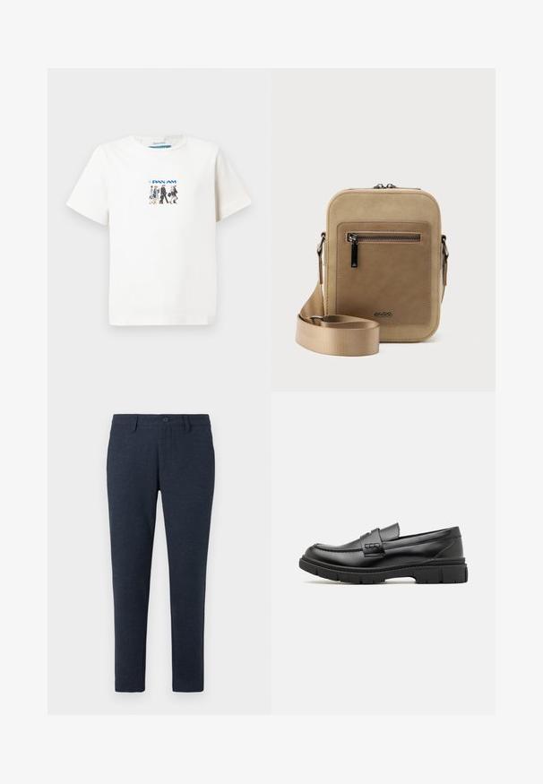 Witte T-shirt met korte mouwen met een kleine afbeelding van vijf wandelende Pan Am bemanningsleden en het blauwe Pan Am-logo.; Donker marineblauwe slim-fit broek met riemlussen, een knoop aan de voorkant en zijzakken, weergegeven op een witte achtergrond.; Zwarte leren instapper met een brede band over de voet, rubberen zool met dikke noppen en een gladde textuur. Klassiek, strak ontwerp.; Kleine beige crossbodytas met een voorvak met ritssluiting, metalen ALDO-logo, verstelbare brede band en afgeronde rechthoekige vorm op een witte achtergrond.