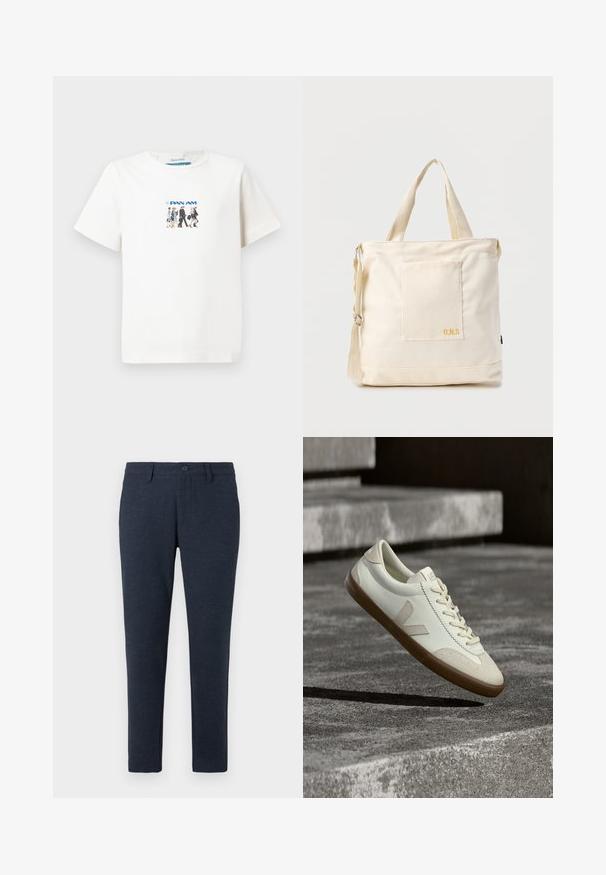 Witte T-shirt met korte mouwen met een kleine afbeelding van vijf wandelende Pan Am bemanningsleden en het blauwe Pan Am-logo.; Donker marineblauwe slim-fit broek met riemlussen, een knoop aan de voorkant en zijzakken, weergegeven op een witte achtergrond.; Witte leren sneakers met een bruine rubberen zool, platte veters en een V-vormig accent aan de zijkant. Ze hebben een glad oppervlak en minimale stikdetails.; Crèmekleurige canvas boodschappentas met voorvak, twee handvatten, verstelbare schouderriem en kleine gele "O.N.S" tekst rechtsonder op het vak.