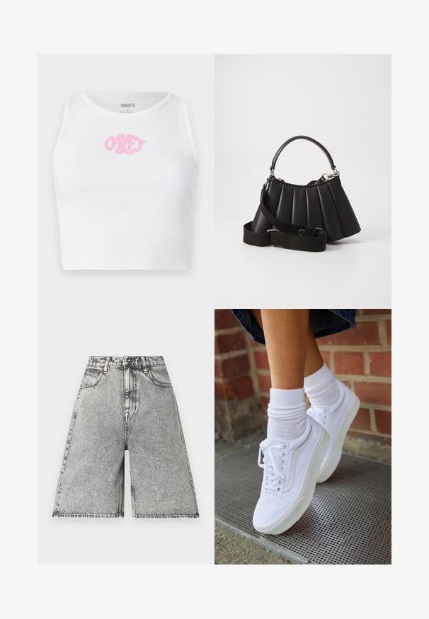 Crop top blanc à côtes avec un logo "OBEY" rose au centre. Conçu avec un col rond et sans manches.; Shorts en denim avec un motif délavé noir et gris, présentés avec une taille haute, des passants de ceinture et cinq poches. Les bords sont finis.; Baskets en toile blanches avec semelles en caoutchouc, dotées de six œillets, d'un bout rond et de détails de couture légers, portées avec des chaussettes blanches mi-mollet.; Sac à main plissé noir avec une poignée arrondie, une bandoulière réglable et une texture brillante. Présente des accessoires en argent et une silhouette structurée.