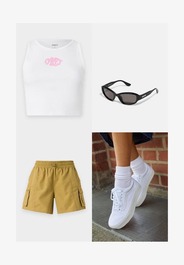 Witte geribde cropped top met een roze "OBEY" logo in het midden. Ontworpen met een ronde halslijn en zonder mouwen.; Korte cargo shorts in kaki met een elastische tailleband, trekkoord en twee zijzakken. Gemaakt van lichte stof met een gladde textuur.; Witte canvas sneakers met rubberen zolen, voorzien van zes vetertjes, een ronde neus en lichte stikdetails, gecombineerd met witte enkelsokken.; Zwarte zonnebril met een rechthoekig frame, donkere lenzen, gladde plastic materiaal en een metalen accent op de poot.