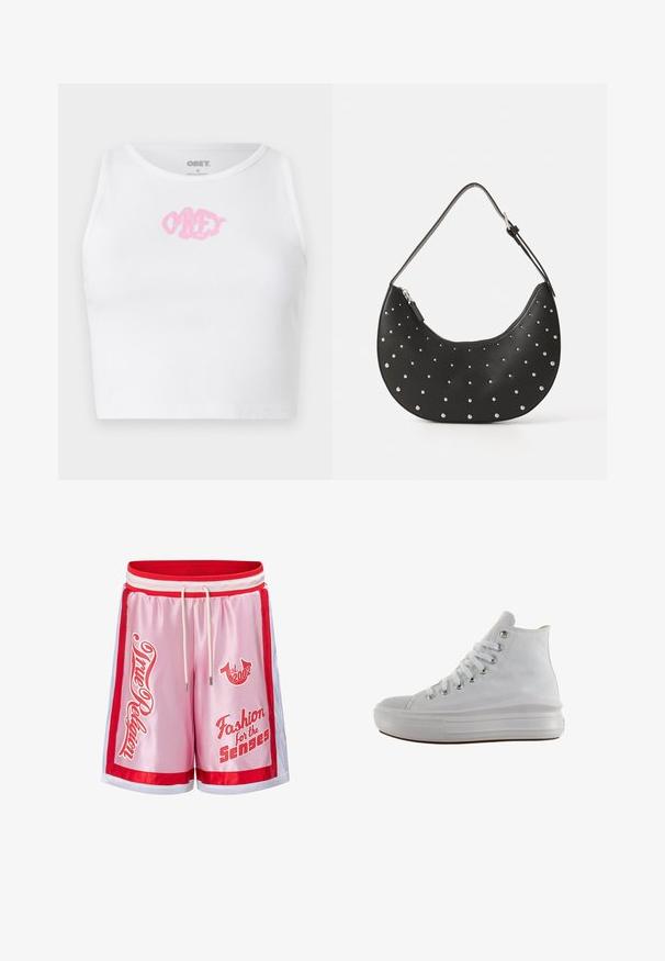 Crop top blanc à côtes avec un logo "OBEY" rose au centre. Conçu avec un col rond et sans manches.; Short de sport en satin rose avec bordure rouge et blanche, cordon blanc et texte rouge indiquant « True Religion », « est. 2002 » et « Fashion for the Senses ».; Baskets montantes en toile blanche avec lacets blancs, œillets métalliques, semelle épaisse en caoutchouc et bout texturé, orientées vers la gauche sur fond blanc.; Sac à main en cuir noir avec une forme arrondie, orné de clous en argent, doté d'une fermeture éclair et d'une seule sangle ajustable.