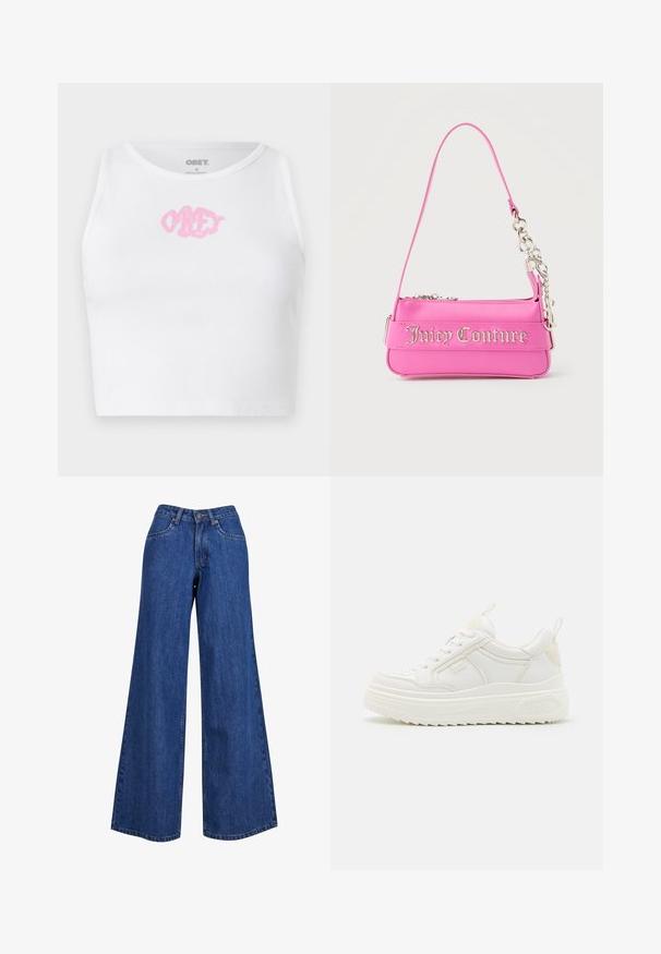 Witte geribde cropped top met een roze "OBEY" logo in het midden. Ontworpen met een ronde halslijn en zonder mouwen.; Brede denim jeans in medium blue, met een hoge taille, contrasterende stiksels en een klassiek vijf-pocket ontwerp.; Witte leren sneakers met een stevige zool, vetersluiting en subtiele branding. Heeft een zachte textuur en een ronde neus.; Kleine felroze Juicy Couture-handtas met zilveren kettingdetail en logotekst aan de voorkant, enkele smalle schouderband.