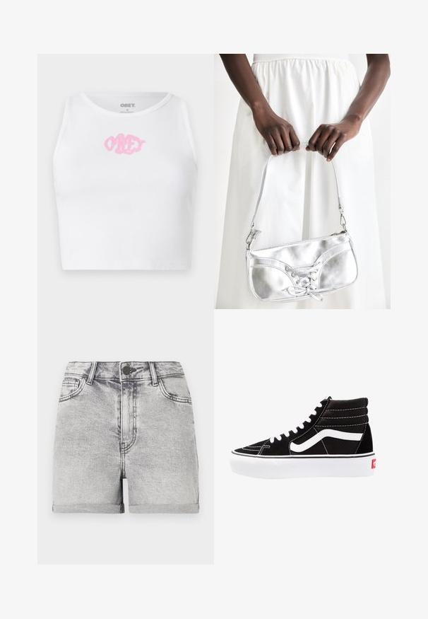 Hvid ribbet crop top med et pink "OBEY" logo i midten. Designet med en rund halsudskæring og uden ærmer.; Grå denim shorts med oprullede kanter, fem-lomme design og central knaplukning. Glat tekstur med subtile falmede detaljer.; Sorte høj-top sneakers med hvide snørebånd, et hvidt logo og kontrasterende hvid syning. Har en tyk hvid sål og struktureret ruskindsoverdel.; Sølvmetallic håndtaske med snøredetaljer, der har et slankt design og en kort strop. Tasken holdes i hænderne for at fremvise dens tekstur.