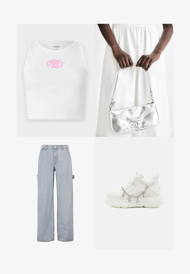 Hvid ribbet crop top med et pink "OBEY" logo i midten. Designet med en rund halsudskæring og uden ærmer.; Lyseblå denimjeans med brede ben, knap- og lynlåslukning, bæltestropper og en sideløkke detalje på det ene ben. Ingen synlige slidmærker.; Hvide sneakers med en kraftig sål, tekstureret læderoverdel og dekorativ metal kæde med charms. Har snørebåndslukning og polstret krave.; Sølvmetallic håndtaske med snøredetaljer, der har et slankt design og en kort strop. Tasken holdes i hænderne for at fremvise dens tekstur.