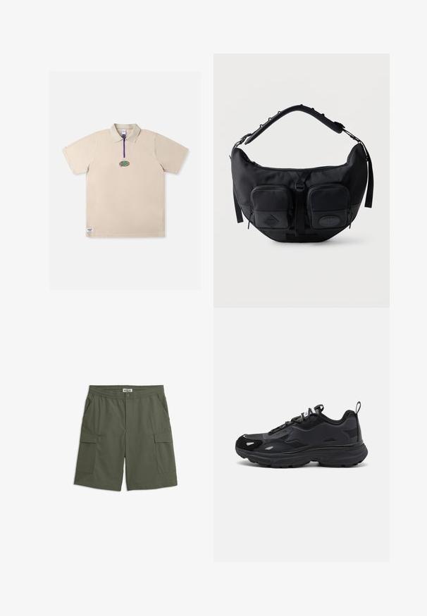 Polo à manches courtes beige avec une fermeture éclair violette et un logo brodé sur la poitrine. Présente un col standard et un design minimaliste.; Shorts cargo vert olive avec taille élastique, bouton frontal, deux poches latérales et deux poches cargo à rabat.; Baskets de course noires avec une tige texturée, des accents synthétiques lisses, une semelle épaisse et des détails réfléchissants. Présente un design à lacets et une poignée arrière.; Sac d'épaule noir en forme de croissant avec bandoulière rembourrée réglable et deux poches avant zippées avec tirettes.