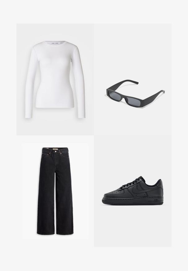 Chemise blanche à manches longues en tissu côtelé, avec un col rond et une coupe cintrée. Aucun motif ni accent présent.; Jean noir à jambe large en denim, comportant cinq poches, des rivets en laiton et une fermeture à bouton classique. Texture lisse avec un design épuré.; Baskets en cuir noir avec boîte à orteils perforée, lacets plats et semelle en caoutchouc. Présente un petit logo sur le côté et des détails texturés.; Lunettes de soleil noires rectangulaires avec des verres foncés et des montures en mat épais. Les branches sont légèrement effilées avec une texture lisse.