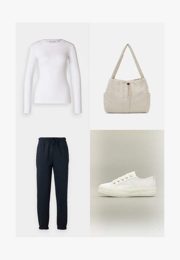 Witte longsleeve shirt van ribstof, met een ronde halslijn en een getailleerde vorm. Er zijn geen patronen of accenten aanwezig.; Zwarte joggingbroek met elastische tailleband, trekkoord, zijzakken en elastische boorden bij de enkels.; Witte lage sneaker met dikke geribde zool, veters aan de voorkant en trek-lus aan de hiel tegen een neutrale achtergrond.; Even&Odd by Zalando Handtas - off-white