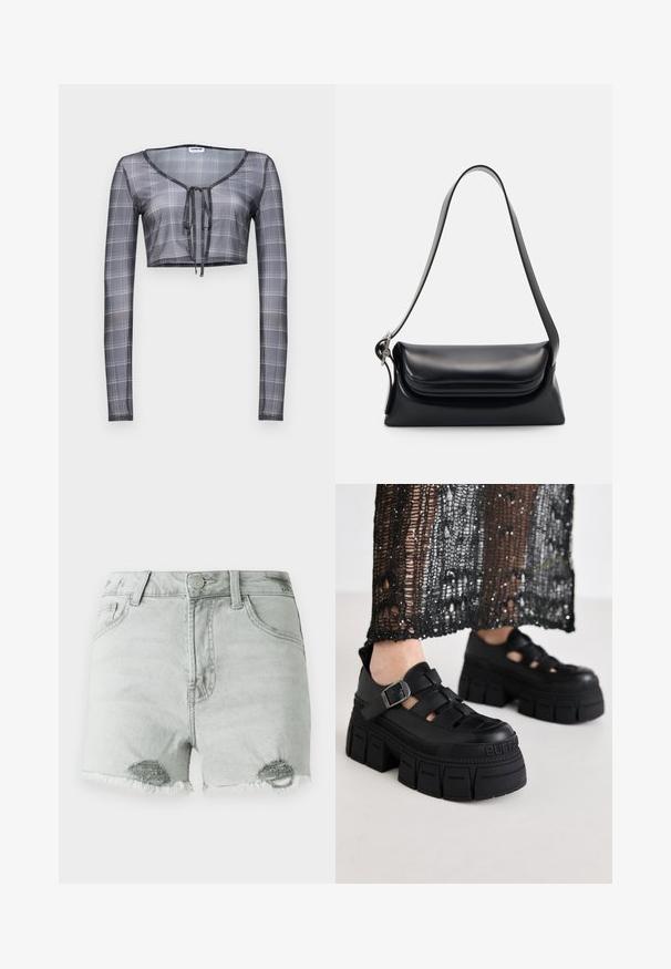 Afskåret langærmet top i gennemsigtigt gråt stof med et ternet mønster, der har en V-udskæring og snøring foran.; Lys grå denimshorts med høj talje, slidte detaljer og fransede kanter, samt to frontlommer. Stoffet ser blødt og slidt ud.; Sorte platform sandaler med et chunky design, der har brede stropper og en sidelås. Fremstillet af tekstureret gummi med et logodetalje.; Sort læderhåndvask med en struktureret form, en glat overflade og en enkelt skulderrem. Har et subtilt, rundet klapdesign.