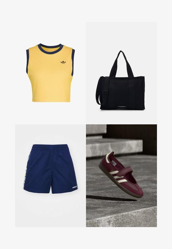 Keltainen lyhyt hihaton toppi, jossa tummansiniset reunukset kaulan ja hihansuiden ympärillä, sekä pieni musta Adidas-logo rinnassa.; Tummansiniset lyhyet housut, joissa on joustava vyötärö, ja joiden sivuilla on värikkäitä kukkastriitsejä sekä pieni valkoinen logo alareunassa.; Tummanpunainen urheilukenkä, jossa on hihna, valkoiset sivuraidat, kuvioitu kumipohja ja sileä päällinen. Säädettävä istuvuus pehmeällä sisävuorella.; Mustassa kangaskassissa on kestävä materiaali. Siinä on kaksi lyhyttä kahvaa ja pitkä säädettävä olkahihna. Suorakulmainen muoto ja minimalistinen muotoilu.