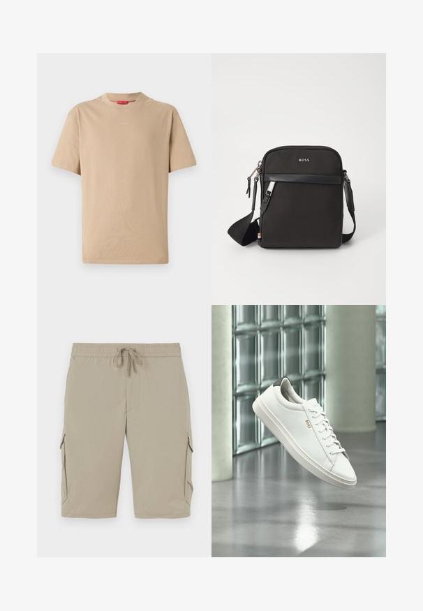 Beige katoenen T-shirt met korte mouwen, ronde hals en subtiele "HUGO"-logo in het midden. Glad textuur, ontspannen pasvorm.; Beige cargoshorts met een elastische tailleband en een koord. Beschikt over zijzakken en een zachte, lichte stof.; Witte leren lage sneaker met veters, zwarte hielstrook en "BOSS"-logo, zwevend binnenshuis bij een glazen stenen muur en gepolijste vloer.; Zwarte schoudertas van textuurstof, met logo aan de voorkant, ritssluiting en verstelbare schouderband. Voorzien van een gladde leren rand.