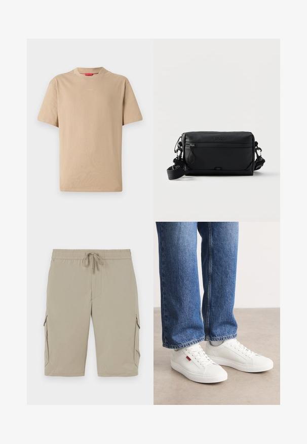 Camiseta de algodón beige con mangas cortas, escote redondo y sutil logo "HUGO" en el centro. Textura suave, corte relajado.; Pantalones cortos cargo beige con cinturilla elástica y cordón. Cuentan con bolsillos laterales y una tela suave y ligera.; Zapatillas blancas con una superficie lisa, puntera redonda y suela plana. Acompañadas de jeans de mezclilla azul con un corte recto y costuras visibles.; Bolso bandolera rectangular negro con bolsillo frontal con cremallera, correa ajustable y logotipo "BOSS" grabado en relieve en la parte superior central.