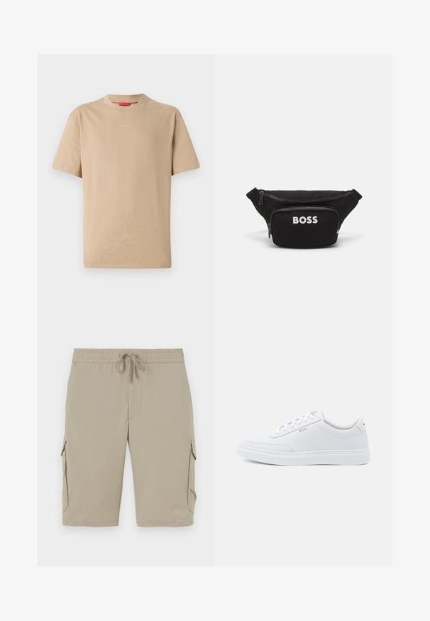 Beige katoenen T-shirt met korte mouwen, ronde hals en subtiele "HUGO"-logo in het midden. Glad textuur, ontspannen pasvorm.; Beige cargoshorts met een elastische tailleband en een koord. Beschikt over zijzakken en een zachte, lichte stof.; Witte leren sneakers met een gladde textuur, ronde neus en tonale stiksels. Voorzien van blauwe veters en een gouden logo op de zijkant.; Zwarte stoffen heuptas met een voorkant met rits, een groot hoofdcompartiment en een witte "BOSS" logo op de voorkant. Gladde textuur, gestructureerde vorm.