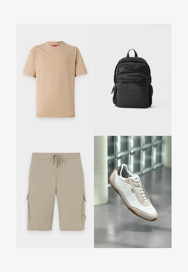 Beige puuvillane T-särk lühikeste varrukatega, ümar kaelus ja diskreetne "HUGO" logo keskel. Sile tekstuur, mugav lõige.; Bežid cargo lühikesed püksid elastse vöökoha ja nööriga. Omab küljetaskuid ning sujuvat, kerget kangast.; Valge ja beež BOSS toss pruunide talladega, hõljumas poleeritud betoonpõranda kohal klaasplokkseinaga taustal.; Mustast nailonist seljakott mitme lukuga sahtliga ja bränditud ülahoidjaga ühtlase valge taustaga.