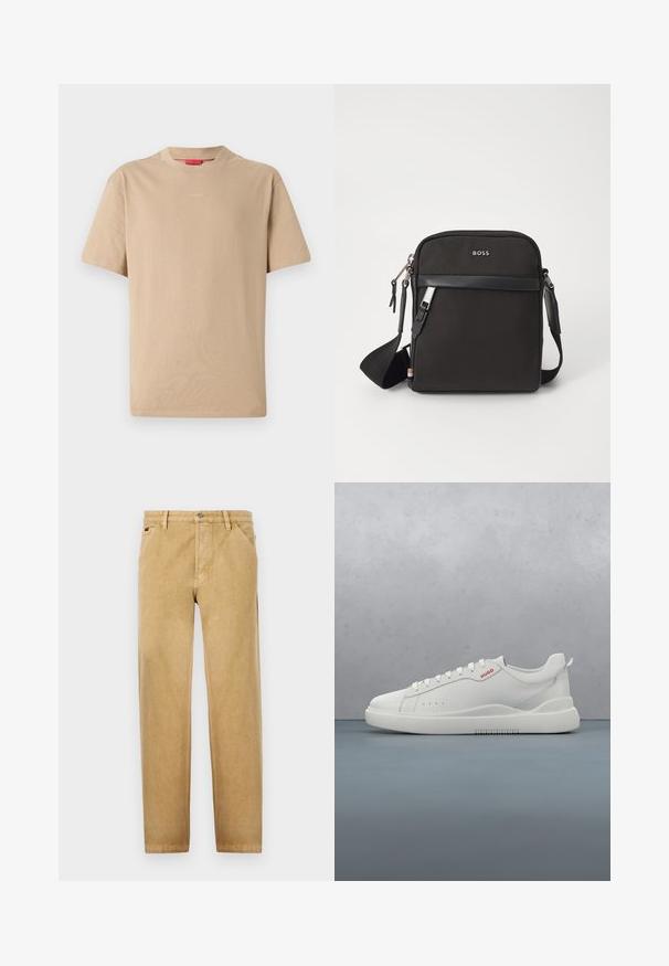 Beige katoenen T-shirt met korte mouwen, ronde hals en subtiele "HUGO"-logo in het midden. Glad textuur, ontspannen pasvorm.; Tan chino's met een recht vallend ontwerp, gemaakt van een zachte stof. Voorzien van voorkruiszakken, een knoopsluiting en subtiele stikdetails.; Witte sneaker met een gladde leren afwerking, ronde neus, vier veterogen, subtiele perforaties en een rood logo detail aan de zijkant.; Zwarte schoudertas van textuurstof, met logo aan de voorkant, ritssluiting en verstelbare schouderband. Voorzien van een gladde leren rand.