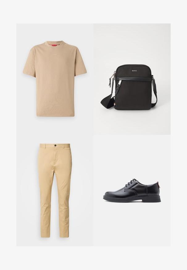 Camiseta de algodón beige con mangas cortas, escote redondo y sutil logo "HUGO" en el centro. Textura suave, corte relajado.; Chinos beige de algodón con una textura suave. Incluyen un cierre de botón, pasadores para cinturón y se estrechan hacia el tobillo.; Zapatos de piel negra con cordones, textura lisa, puntera redondeada y detalles sutiles de costura. Cuentan con una lengüeta roja en el talón.; Bolso bandolero negro con un tejido texturizado, logo en la parte frontal, cierre de cremallera y correa ajustable. Presenta un ribete de cuero suave.