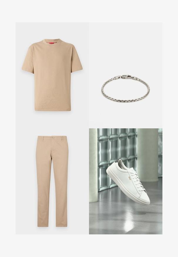 Beige bomulds T-shirt med korte ærmer, rund halsudskæring og subtilt "HUGO" logo i midten. Glat overflade, afslappet pasform.; Beige bukser lavet af bomuld med lige ben, der har en frontknaplukning, sidelommer og subtile teksturdetaljer.; Hvid læder lav-top sneaker med snørebånd, sort hælflig og "BOSS"-logo, svævende indendørs nær glasblok væg og poleret gulv.; Sølvmetallarmbånd med et linkdesign, der har en lås med "BOSS" logoet. Glat tekstur og minimalistisk stil.
