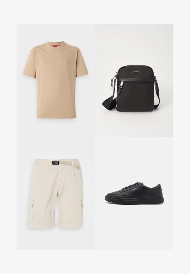 Beige katoenen T-shirt met korte mouwen, ronde hals en subtiele "HUGO"-logo in het midden. Glad textuur, ontspannen pasvorm.; Beige cargoshorts met een vlakke voorkant, riemlussen, plooien, zijzakken en een gestructureerde stof. De lengte reikt tot halverwege het bovenbeen.; Zwarte leren sneakers met een gladde textuur, ronde neus, platte rubberen zool en tonale veters. Kenmerkt zich door de gouden "BOSS" branding aan de zijkant.; Zwarte schoudertas van textuurstof, met logo aan de voorkant, ritssluiting en verstelbare schouderband. Voorzien van een gladde leren rand.