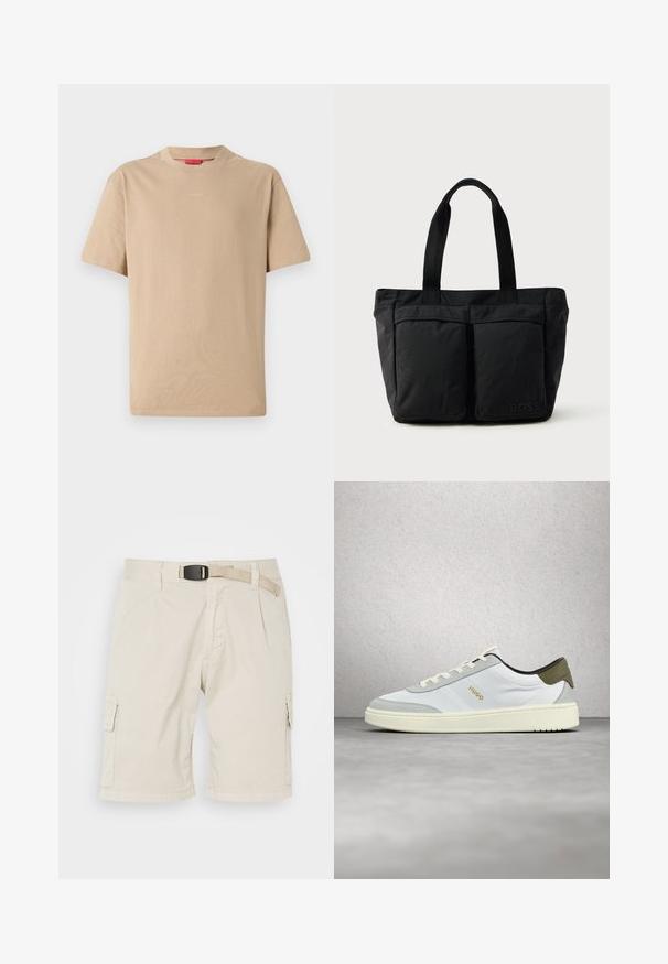 Beige puuvillane T-särk lühikeste varrukatega, ümar kaelus ja diskreetne "HUGO" logo keskel. Sile tekstuur, mugav lõige.; Beežid cargo-shortsid, millel on ühtlane eesmine osa, vöökohad, kokku tõmbed, küljetaskud ja tekstuuriga kangas. Pikkus ulatub reie keskele.; Valge ja hall madala lõikega toss valgete kinnituspaelte ja kullakarva "HUGO" logoga, hõljub üle sileda halli põranda klaasseina taustal.; Must mustkott, millel on pehme kangas, kaks esi-taskut ja tugevad sangad. Logo on küljel nähtav. Lihtne ja funktsionaalne disain.