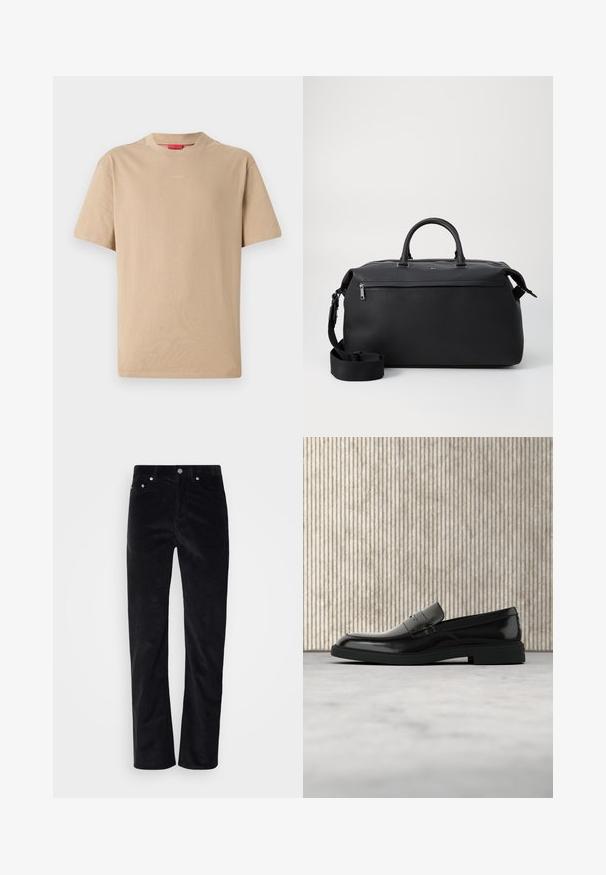 Beige bomulds T-shirt med korte ærmer, rund halsudskæring og subtilt "HUGO" logo i midten. Glat overflade, afslappet pasform.; Sorte fløjlsbukser med lige ben. Har en knaplukning og fem lomme-stil. Tekstureret ribbet stof.; Sort poleret læderloafer flydende over beige tæppe med orange gennemsigtigt møbel i baggrunden.; Sort læder duffel taske med to top hanke, en aftagelig skulderrem og en lynlåslomme foran til ekstra opbevaring.