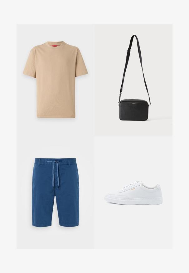Beige bomulds T-shirt med korte ærmer, rund halsudskæring og subtilt "HUGO" logo i midten. Glat overflade, afslappet pasform.; Blå bomuldsshorts med elastisk talje, snorelukning, sidelommer og en glat tekstur. Ingen mønstre eller detaljer synlige.; Hvide lædersneakers med glat tekstur, rund tå og ton-i-ton syning. Har blå snørebånd og et gult logo på siden.; Sort rektangulær crossbody taske med justerbar rem og BOSS-logo foran, sat mod en ensfarvet lys baggrund.