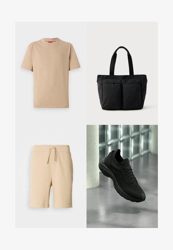 Beige puuvillane T-särk lühikeste varrukatega, ümar kaelus ja diskreetne "HUGO" logo keskel. Sile tekstuur, mugav lõige.; Beige puuvilla segakanga lühikesed püksid elastse vöökoha, nöördetaili, küljetasku ja sirge jala lõikega. Sile tekstuur ja lihtne disain.; Mustad sportlik toss, mille pealiskangas on kootud, paeltega ja polsterdatud tallaga, hõljub poleeritud betoonpõranda kohal klaasplokiga akende lähedal.; Must mustkott, millel on pehme kangas, kaks esi-taskut ja tugevad sangad. Logo on küljel nähtav. Lihtne ja funktsionaalne disain.