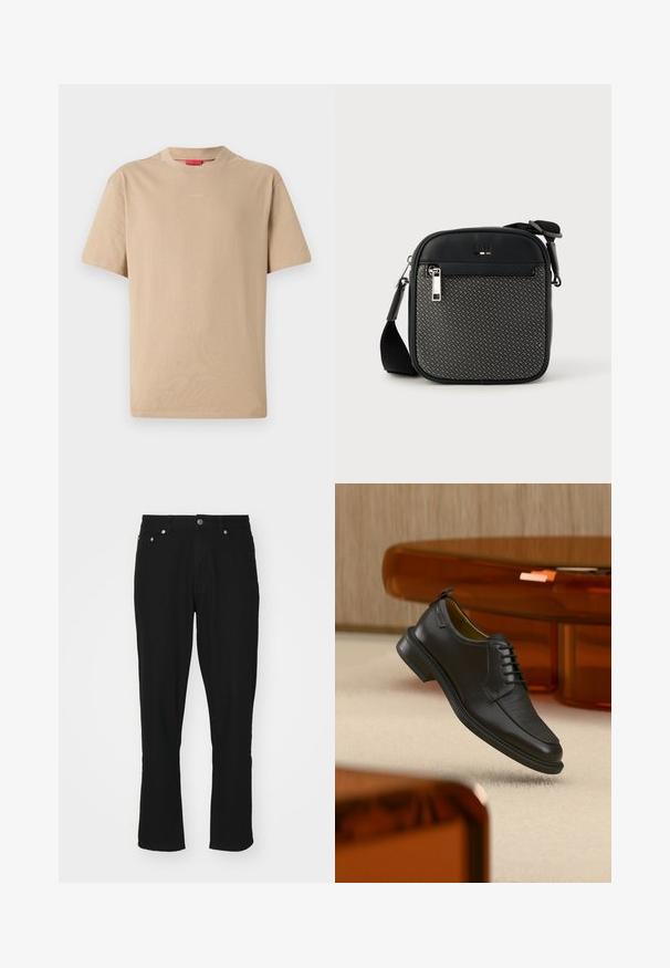 Beige Baumwoll-T-Shirt mit kurzen Ärmeln, Rundhalsausschnitt und dezentem "HUGO"-Logo in der Mitte. Angenehme Textur, legerer Schnitt.; Schwarze Denim-Jeans mit geradem Schnitt, ausgestattet mit einem Fünf-Taschen-Design, silbernem Zubehör und leichter Textur. Keine sichtbaren Muster.; Schwarzer Leder-Schnürschuh mit texturierter Vorderseite, schwebend über beigem Teppich in einem modernen Raum mit bernsteinfarbenen Möbeln.; Schwarze Umhängetasche aus synthetischem Leder und gemustertem Stoff. Verfügt über einen Reißverschluss, verstellbaren Riemen und ein Logodetail auf der Vorderseite.
