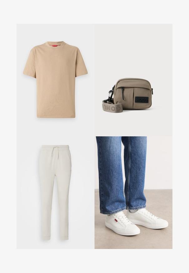 Camiseta de algodón beige con mangas cortas, escote redondo y sutil logo "HUGO" en el centro. Textura suave, corte relajado.; Pantalones deportivos de color beige claro, hechos de una suave tela texturizada. Cuentan con una cinturilla con cordón, puños acanalados y bolsillos laterales. Ajuste entallado.; Zapatillas blancas con una superficie lisa, puntera redonda y suela plana. Acompañadas de jeans de mezclilla azul con un corte recto y costuras visibles.; Bolso cruzado de nailon caqui con dos bolsillos frontales con cremallera, correa ajustable y un parche negro con el logo en la parte frontal. Textura suave.