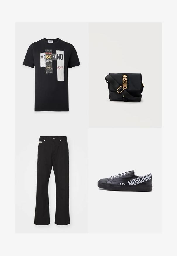 Sort T-shirt med korte ærmer med tre rektangulære mærker foran, med blandet tekst og grafisk design i hvid, sort, gul og rød.; Svarte bomuldsbukser med lige ben-design, der har en frontknaplukning, to sidelommer og et lille mærke på linningen.; Sort lavtop sneaker med hvide snørebånd og fed hvid "MOSCHINO" tekst, der vikler sig rundt om hælen og siden.; Sort Moschino crossbody-taske med guldlogo og justerbar sort rem på ensfarvet hvid baggrund.