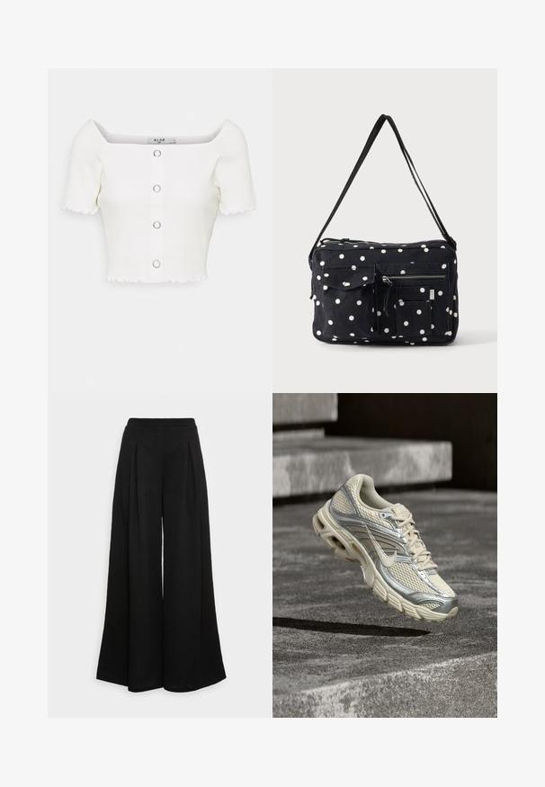 NA-KD BABYLOCK RUFFLE TOP - Camiseta estampada - white; Pantalones negros de pierna ancha hechos de una tela suave, con pliegues frontales y una cintura alta, que garantizan una silueta fluida.; Zapatilla de correr Nike en beige y plateado con detalles de malla y cordones flotando sobre escalones de cemento.; Bolso bandolera negro con lunares blancos, múltiples bolsillos frontales, cremallera y una correa ajustable sobre un fondo liso.