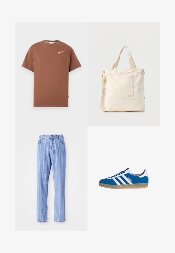Brun kortærmet T-shirt med rund hals og "Pompeii" logo i hvid skrift på venstre bryst.; Lysblå denimjeans med lodrette hvide striber, lige pasform, femlomme-stil og knaplukning i taljen.; Blå og hvide Adidas Gazelle sneaker med gummisål og tre hvide striber, set fra siden på en hvid baggrund.; Kremfarvet lærredstote-taske med frontlomme, to håndtag, justerbar skulderrem og lille gul "O.N.S" tekst i nederste højre hjørne af lommen.