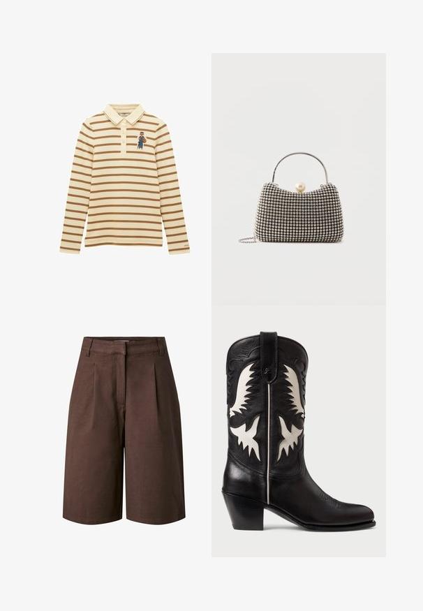Langærmet beige polo med brune vandrette striber og broderet bjørn iført jeans og en stribet skjorte på brystet.; Mørkebrune, højtaljede, knælange shorts med bæltestropper og frontplisser, vist mod en hvid baggrund.; Sorte læder cowboystøvler med hvide kantede detaljer, prydet med dekorativ syning, spidse tåer og en lav stablet hæl.; Lille håndtaske med sølv gittermønster, buet håndtag, stor perle lukning og en tynd sølvkæde strop på en ensfarvet baggrund.