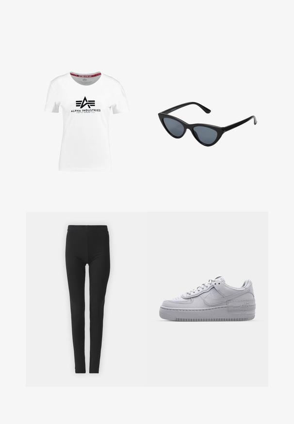 T-shirt en coton blanc avec un logo noir comportant un "A" stylisé et des lignes horizontales. Col rond à couture machine, manches courtes.; Leggings noirs, extensibles, avec une coupe ajustée, featuring une taille haute et une texture lisse. Sans motifs visibles ni détails en matériel.; Basket en cuir lisse gris Nike Air Force 1 avec un bout perforé, une semelle épaisse et un détail 'AIR' en relief sur le talon.; Lunettes de soleil noires en forme d'œil de chat avec des verres gris foncé, monture en plastique élégante, coins pointus et branches droites. Pas de métal visible ni d'accents.