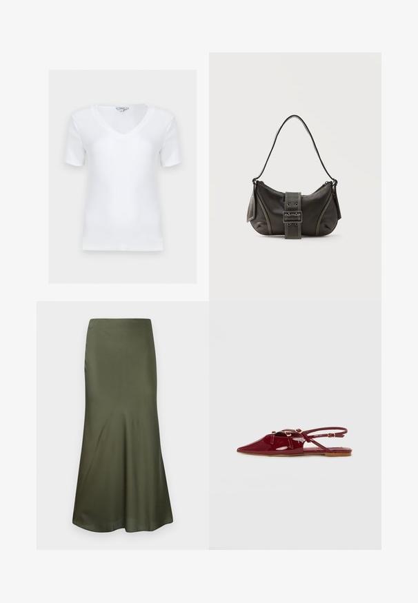 Weißes kurzärmeliges geripptes V-Neck-Oberteil mit figurbetonter Form, flach auf hellem Hintergrund liegend dargestellt.; Olivgrüne, figurbetonte Midi-Rock aus Satin, mit schwingendem Saum, vor einem weißen Hintergrund präsentiert.; Rote Lackleder Slingback-Schuh mit spitzem Zehenbereich, versehen mit feinen Riemen und goldenen Hardware-Akzenten. Flache Sohle mit glatter Oberfläche.; Schwarze Leder-Schultertasche mit Schnallengurt-Detail, abgerundeten Kanten und kontrastierenden weißen Nähten auf schlichtem Hintergrund.