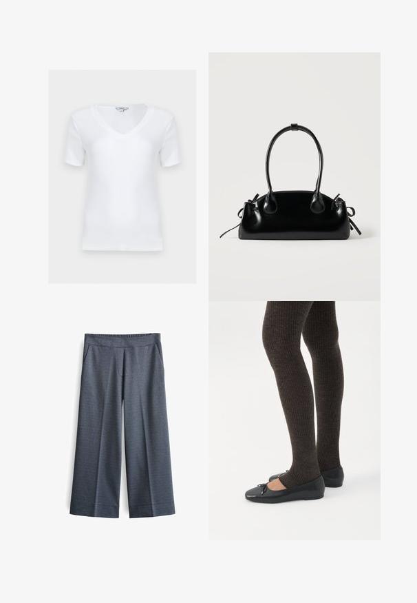 Weißes kurzärmeliges geripptes V-Neck-Oberteil mit figurbetonter Form, flach auf hellem Hintergrund liegend dargestellt.; Weite Hosen aus dunkelgrauem Stoff. Mit elastischem Bund, zwei Vordertaschen und einer glatten Textur mit einem dezenten Muster.; Beine in dunklen, gerippten Leggings kombiniert mit schwarzen Ballerinas mit kleinen Schleifendetails auf weißem Hintergrund.; Kleine schwarze glänzende Handtasche mit zwei langen Griffen und seitlichen Kordelzug-Details vor einfachem hellem Hintergrund.