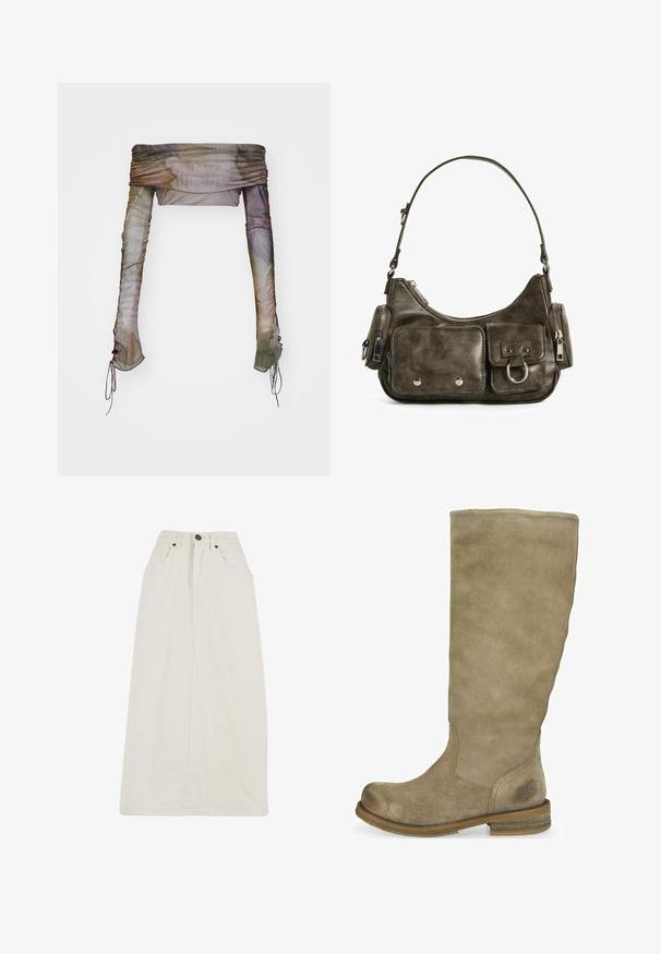 Jaded London UP FOLD OVER - Langærmet T-shirt - multi; Hvid denimnederdel med høj talje, forsvarsmæssig knaplukning, to sidelommer og en lige silhuet. Glat tekstur, knælang.; Knæhøje beige ankelstøvler i ruskind med rund tå og tekstureret overflade. Brun træhælhæl med diskret logo-detalje nær ankelområdet.; Mørkegrøn læderhåndtaske med en buet form, lynlåslommer og en frontlomme med klap. Udstyret med sølvhardware og tekstureret finish.