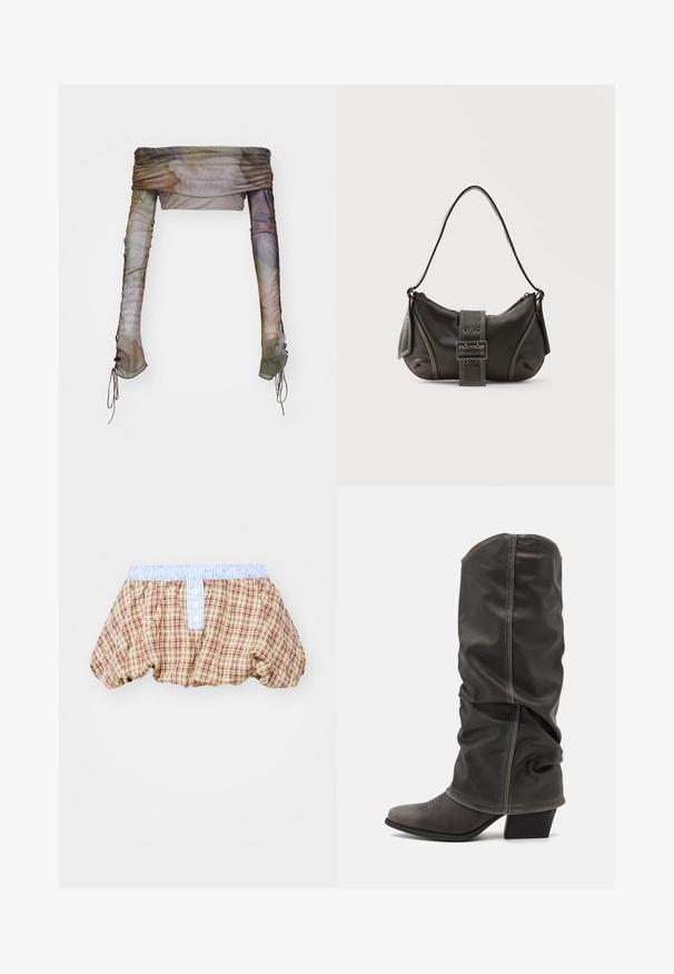 Jaded London UP FOLD OVER - Langærmet T-shirt - multi; Ternede puffede shorts i brun, beige og rød med en lyseblå stribet taljeelastik og knapdetaljer foran.; Grå læder støvler op til læggen med et slouchy design, spidse tæer og stablet hæl. Bemærkelsesværdig syning detalje ved tåområdet.; Sort læder skuldertaske med spænde på remmen, afrundede kanter og kontrasterende hvide syninger på en ensfarvet baggrund.