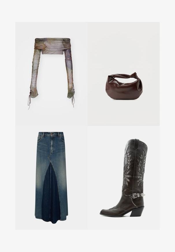 Jaded London UP FOLD OVER - T-shirt à manches longues - multi; Jupe maxi en denim bleu avec pli inversé à l'avant, passants de ceinture, fermeture par bouton et zip, et délavage pâli.; Botte de cowboy en cuir noir avec découpes décoratives, boucle argentée et talon incliné, présentée sur fond blanc.; Sac bandoulière en cuir marron foncé avec une forme souple et décontractée et une anse nouée torsadée sur un fond blanc uni.