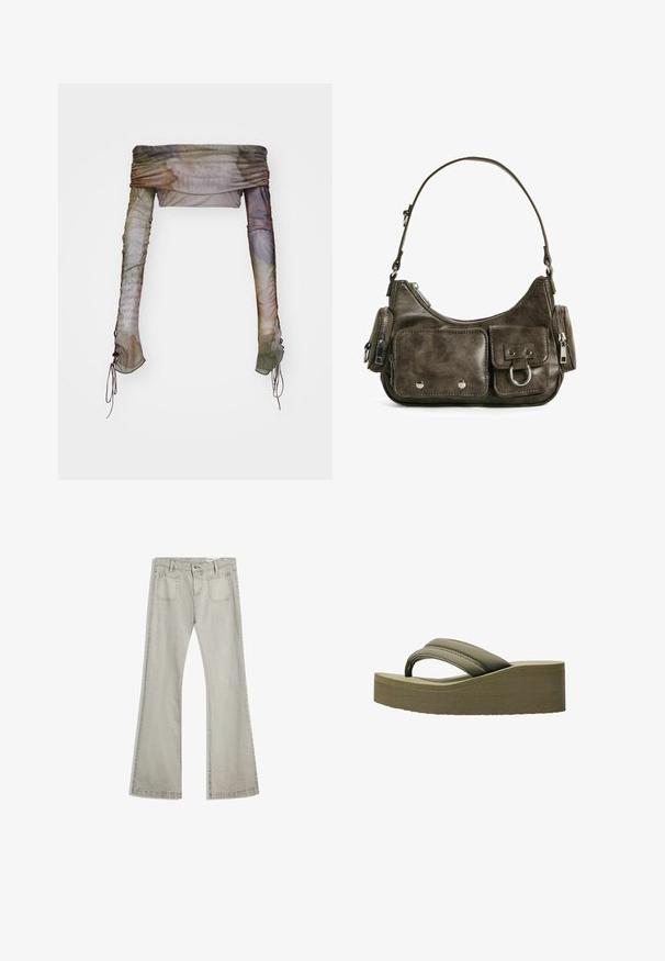 Jaded London UP FOLD OVER - Langarmshirt - multi; Helle graue Denim-Jeans mit ausgestelltem Bein, die über einen Knopfverschluss, fünf Taschen und subtile Steppnähte entlang der Nähte verfügen.; Olivgrüne Plattformflip-Flops mit einem breiten Riemen und strukturierten Sohle, ausgestattet mit einer glatten Oberfläche und einem geschwungenen Design für zusätzlichen Komfort.; Dunkelgrüne Lederhandtasche mit geschwungener Form, Reißverschlussfächern und Taschen auf der Vorderseite mit Klappe. Ausgestattet mit silberfarbenen Beschlägen und strukturierter Oberfläche.