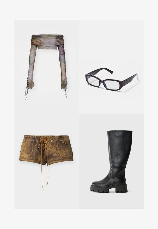 Jaded London UP FOLD OVER - Langarmshirt - multi; Braune Schnürshorts mit strukturiertem Oberflächendesign und kontrastierenden sandfarbenen Schnürsenkeln. Verfügt über Ösen und ein tailliertes Design für eine enganliegende Passform.; Schwarze kniehohe Stiefel aus glattem Leder mit einer dicken, strukturierten Sohle und dezenten Nahtdetails an der Außenseite.; Braune Schildpatt-Rechteckbrille mit klaren Gläsern und schlanken Bügeln, die eine glatte Textur und ein minimalistisches Design zeigen.