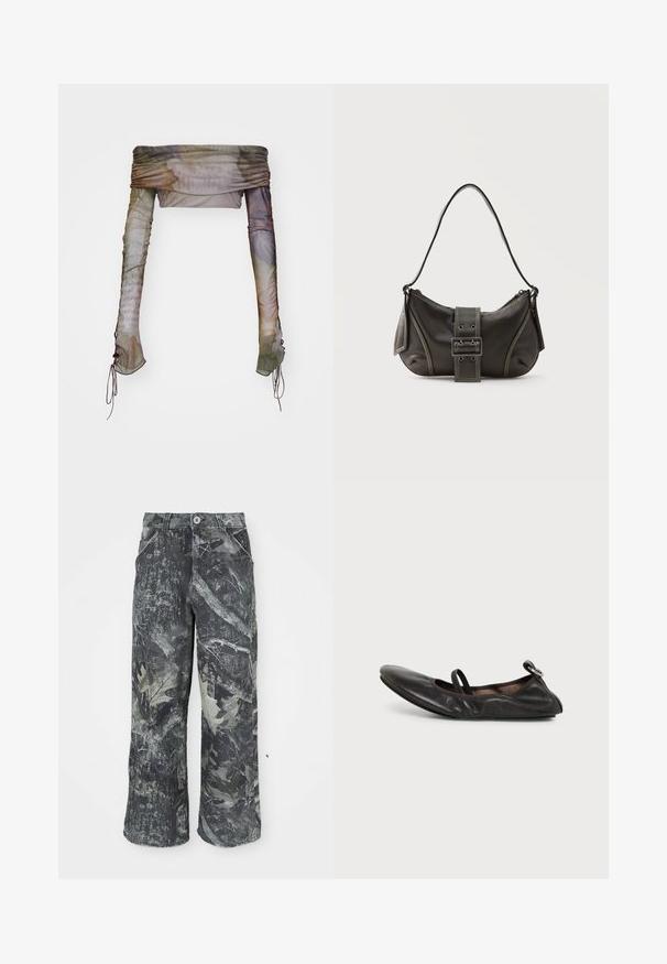 Jaded London UP FOLD OVER - Langarmshirt - multi; Cargohosen mit Camouflage-Muster in dunklem Grau und Grüntönen, mit Knopfverschluss und Seitentaschen. Hergestellt aus strukturierter Denim-Stoff.; Schwarzer Lederschuh mit flacher Sohle, abgerundeter Spitze, elastischem Riemen über dem Spann und kleinem Metalldetail in Form einer Schnalle an der Ferse.; Schwarze Leder-Schultertasche mit Schnallengurt-Detail, abgerundeten Kanten und kontrastierenden weißen Nähten auf schlichtem Hintergrund.