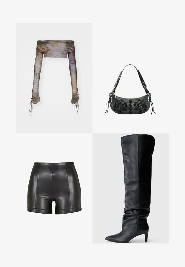 Jaded London UP FOLD OVER - Long sleeved top - multi; Black faux leather high-waist shorts with visible vertical and horizontal stitching on a white background.; Black leather knee-high boot with a pointed toe, slouchy design, and a modest heel. Smooth texture with visible stitching details.; Black leather handbag with shoulder strap, zipper closure, lace-up sides, and floral cutout designs on the front.