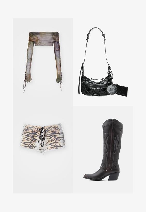 Jaded London UP FOLD OVER - Langarmshirt - multi; Tigerprint-Shorts aus Denim mit fransigem Saum, featuring eine schwarze Schnürfront und tonales Nähen. Die Farbpalette umfasst Beige und Schwarz.; Braune Cowboy-Stiefel aus Leder mit Flammenstickerei, seitlichem Reißverschluss, silbernen Nieten, spitzer Zehenpartie und geschichtetem Absatz.; Schwarze synthetische Lederhandtasche mit geschwungenem Design, einem mit Reißverschluss versehenen Frontfach und dekorativer Hardware sowie einem abnehmbaren runden Münzbeutel.