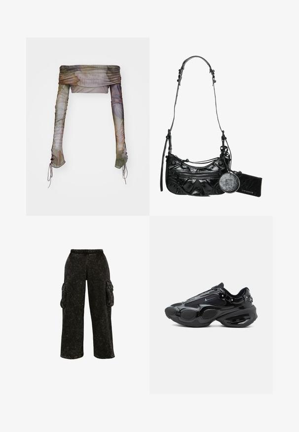 Jaded London UP FOLD OVER - Langarmshirt - multi; Schwarze Cargo-Hosen mit strukturierter Oberfläche, elastischem Bund und Seitentaschen. Mit weitem Bein und lässiger Passform.; Schwarzer Sneaker mit glänzenden und Mesh-Paneelen, abgerundeten Sohlenabschnitten und kleinen Blumenverzierungen in der Nähe der Ferse und Schnürsenkel.; Schwarze synthetische Lederhandtasche mit geschwungenem Design, einem mit Reißverschluss versehenen Frontfach und dekorativer Hardware sowie einem abnehmbaren runden Münzbeutel.
