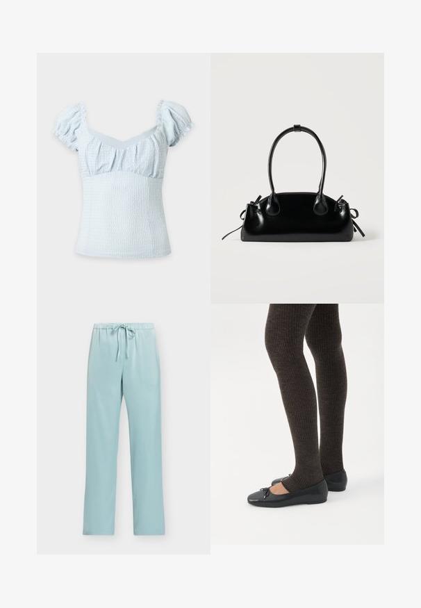 Haut bleu clair texturé à manches courtes bouffantes et corsage smocké ajusté sur fond uni.; Pantalon bleu clair à taille élastique avec cordon, jambes droites et sans poches visibles, présenté sur un fond uni.; Jambes portant des leggings côtelés foncés associés à des ballerines noires avec de petits détails en nœud sur fond blanc.; Petit sac à main noir brillant avec deux longues anses et des détails à cordon sur les côtés sur un fond clair uni.
