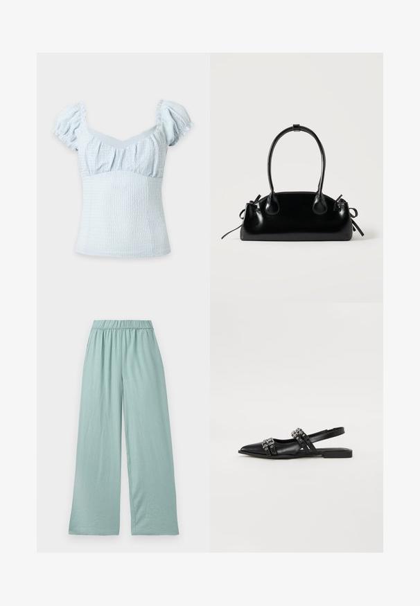 Haut bleu clair texturé à manches courtes bouffantes et corsage smocké ajusté sur fond uni.; Pantalon large vert clair, en tissu doux, avec une taille élastique et une texture subtile, conçu pour le confort et la liberté de mouvement.; Even&Odd by Zalando Ballerines à brides arrière - black; Petit sac à main noir brillant avec deux longues anses et des détails à cordon sur les côtés sur un fond clair uni.